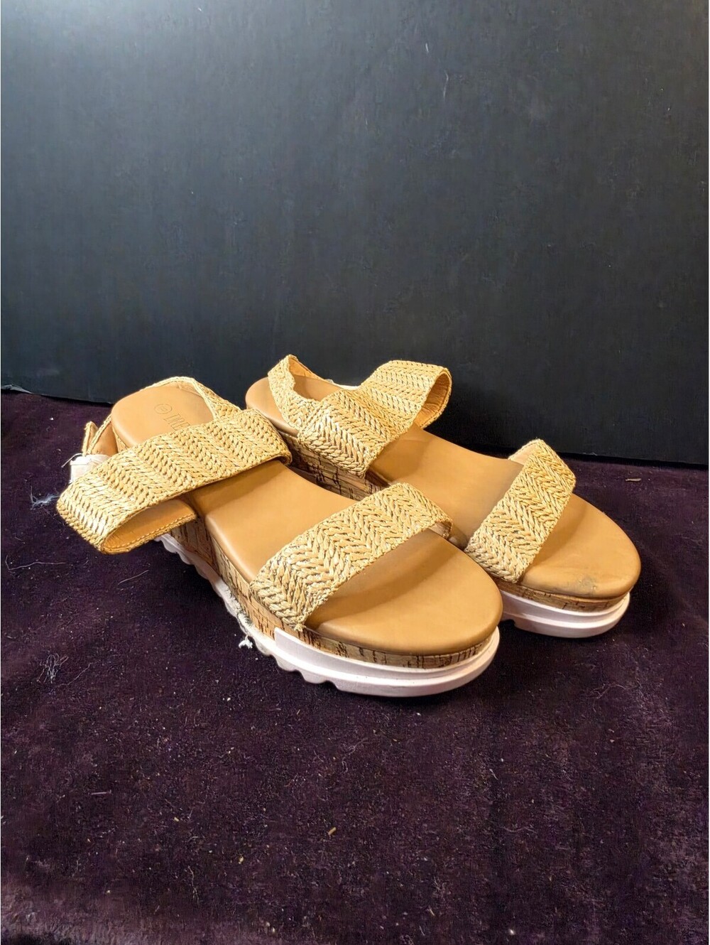 Wedge Platform Sandals with Woven Straps and Cork Detail, Size